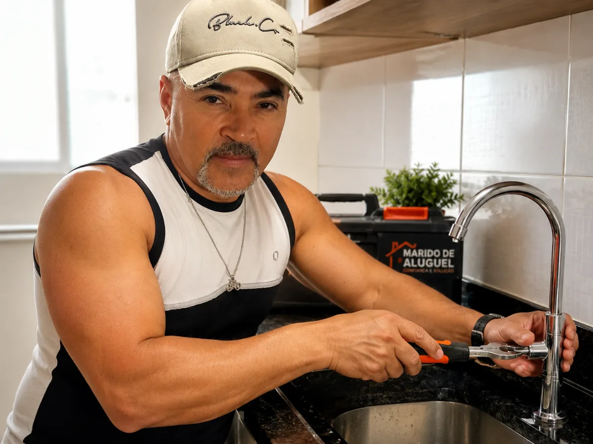 Manoel fazendo reparo em torneira de cozinha